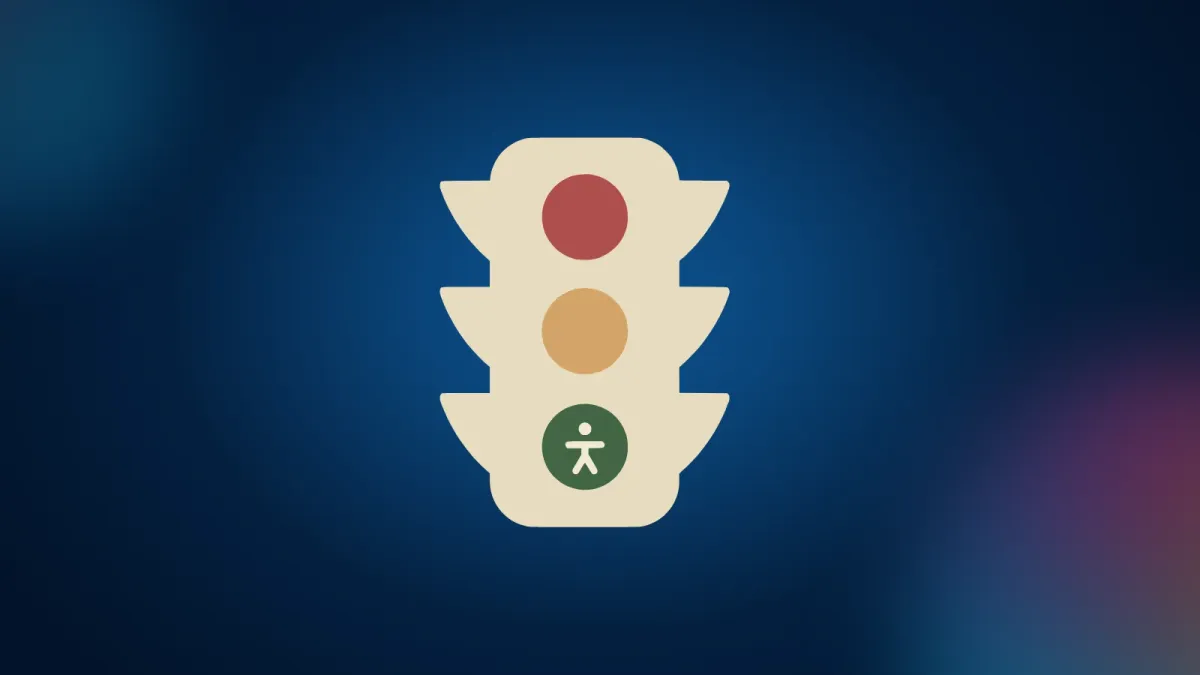 A stylised paper-coloured traffic light on a blue background: red, amber and green lights, with the accessibility symbol inside the green one