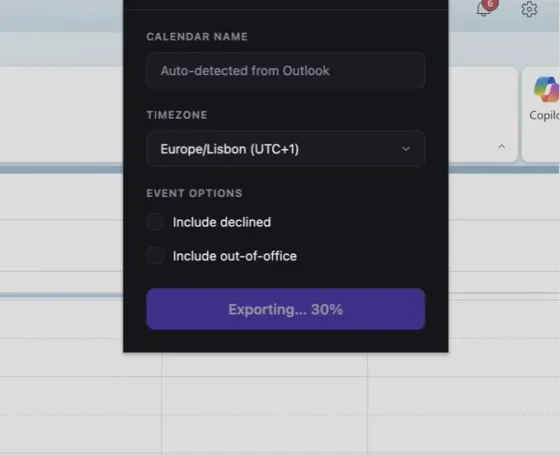 Il popup di Calendar Liberator durante l'esportazione, con la barra al 30%