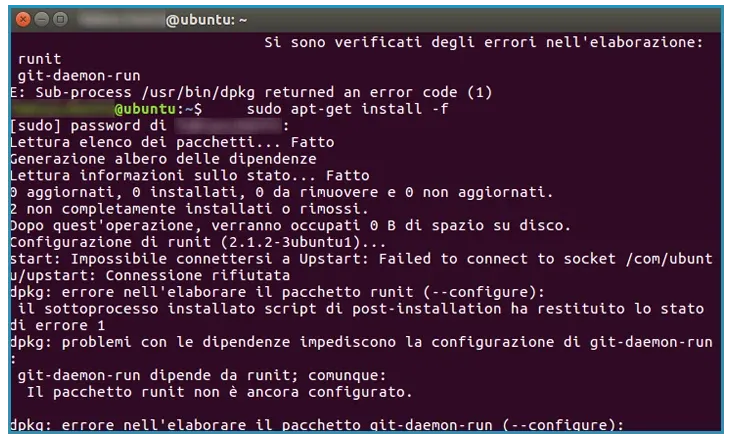 Ubuntu terminal showing dpkg errors while processing the runit and git-daemon-run packages