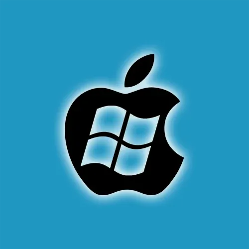 Illustration of a bitten apple with the Windows logo inside it, symbolizing macOS on a PC