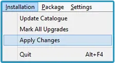 Menu Installation del MinGW Installation Manager con la voce Apply Changes evidenziata