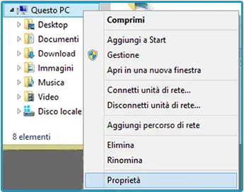 Menu contestuale di Questo PC in Esplora file con la voce Proprietà evidenziata