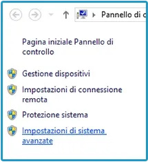 Pannello di controllo con il collegamento Impostazioni di sistema avanzate evidenziato