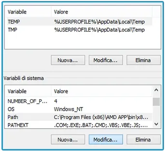 Finestra Variabili d’ambiente con la variabile di sistema Path selezionata e il pulsante Modifica