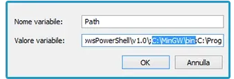 Modifica della variabile Path con il percorso C:\MinGW\bin evidenziato nel valore