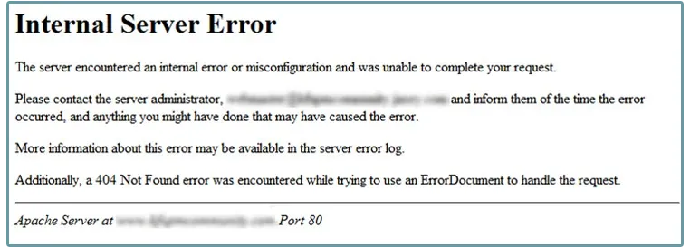 Internal Server Error page returned by the Apache server instead of the site