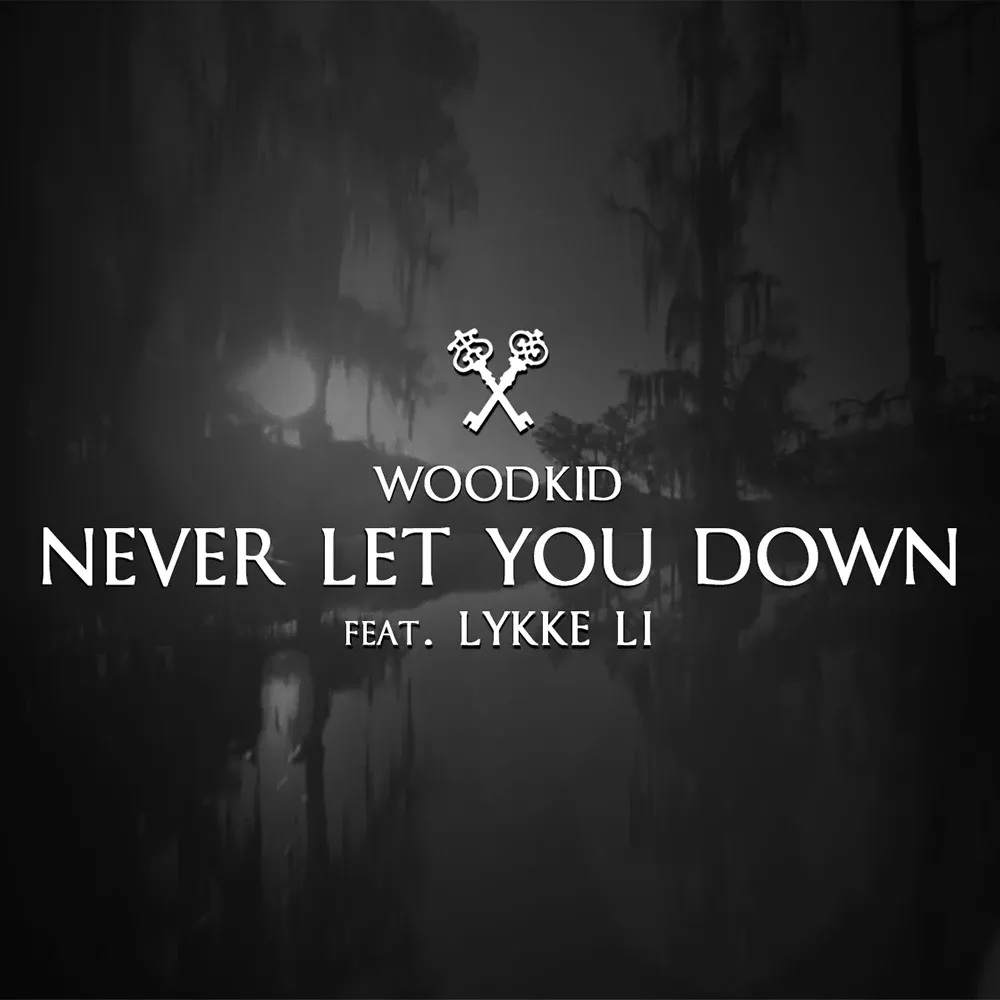 Cover of Never Let You Down by Woodkid featuring Lykke Li, with two crossed keys over a black-and-white swamp
