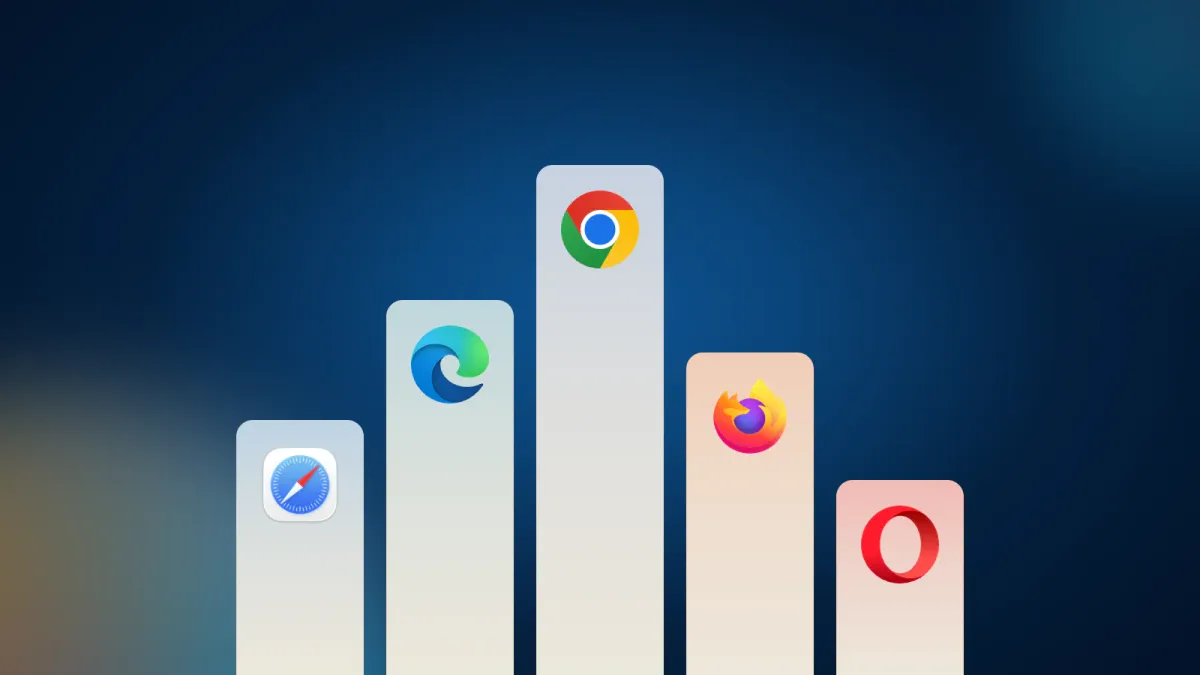 Cinque barre color crema con i loghi di Safari, Edge, Chrome, Firefox e Opera, su fondo blu