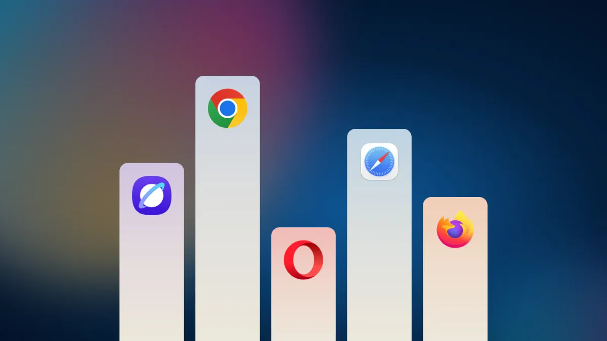 Five cream-coloured bars of different heights with the Samsung Internet, Chrome, Opera, Safari and Firefox logos, on a blue background