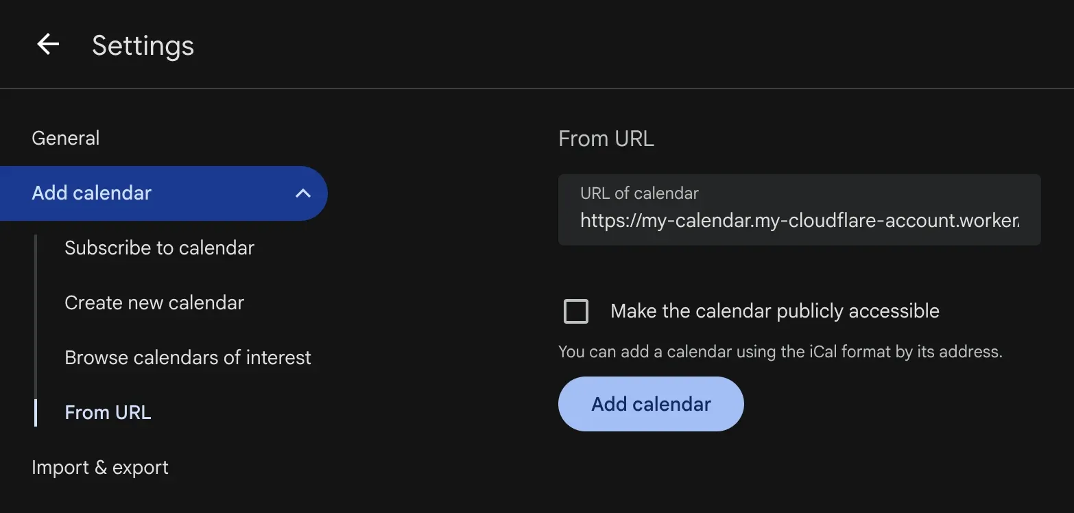 Le impostazioni di Google Calendar alla voce From URL, con l’indirizzo del calendario nel campo URL of calendar e il pulsante Add calendar