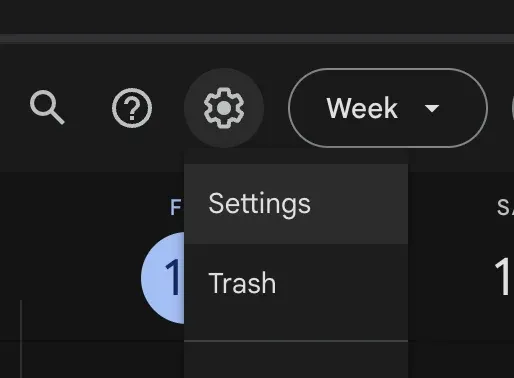 Il menu dell’ingranaggio di Google Calendar, con la voce Settings