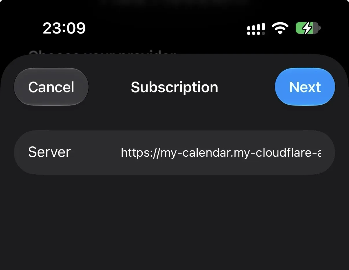 La schermata Subscription di iOS, con l’indirizzo del calendario nel campo Server