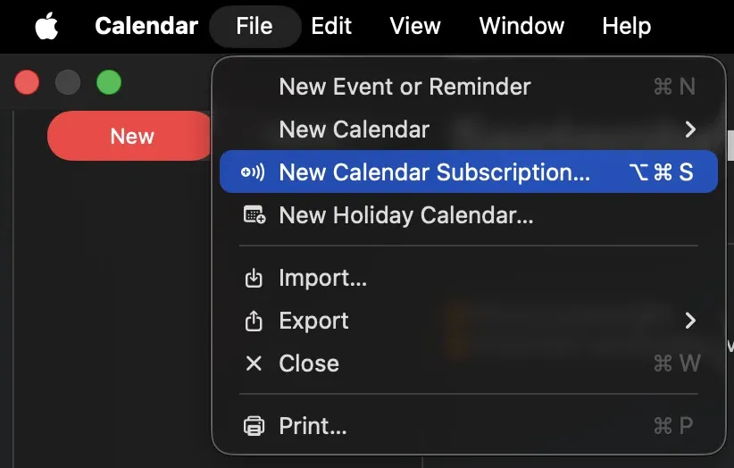 Il menu File del Calendario di macOS con la voce New Calendar Subscription evidenziata