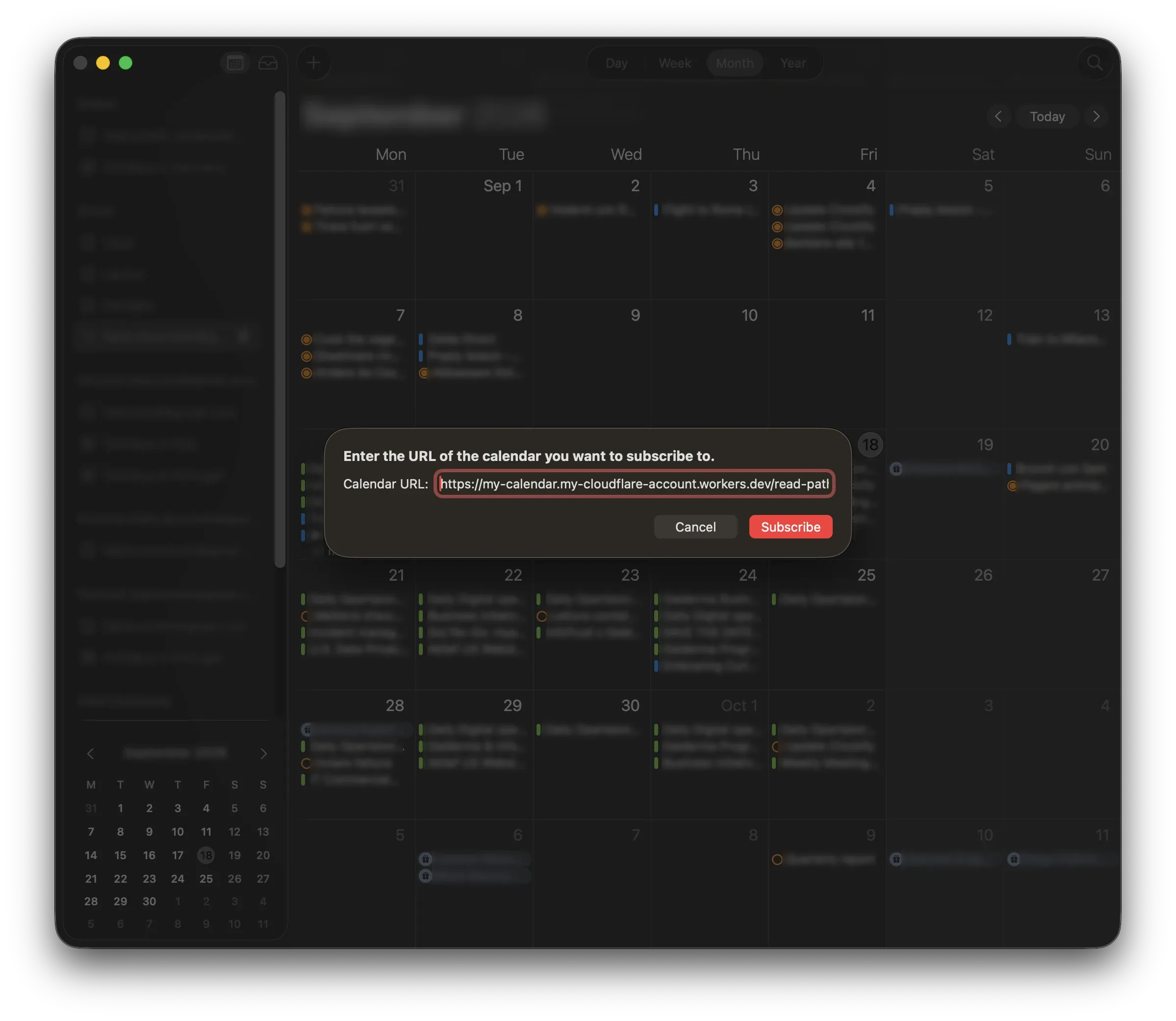 La finestra di iscrizione del Calendario di macOS, con l’indirizzo del calendario nel campo Calendar URL