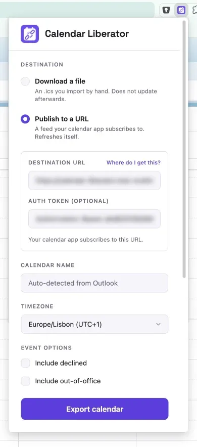 Il popup di Calendar Liberator con la scelta fra Download a file e Publish to a URL, i campi Destination URL e Auth token e il pulsante Export calendar
