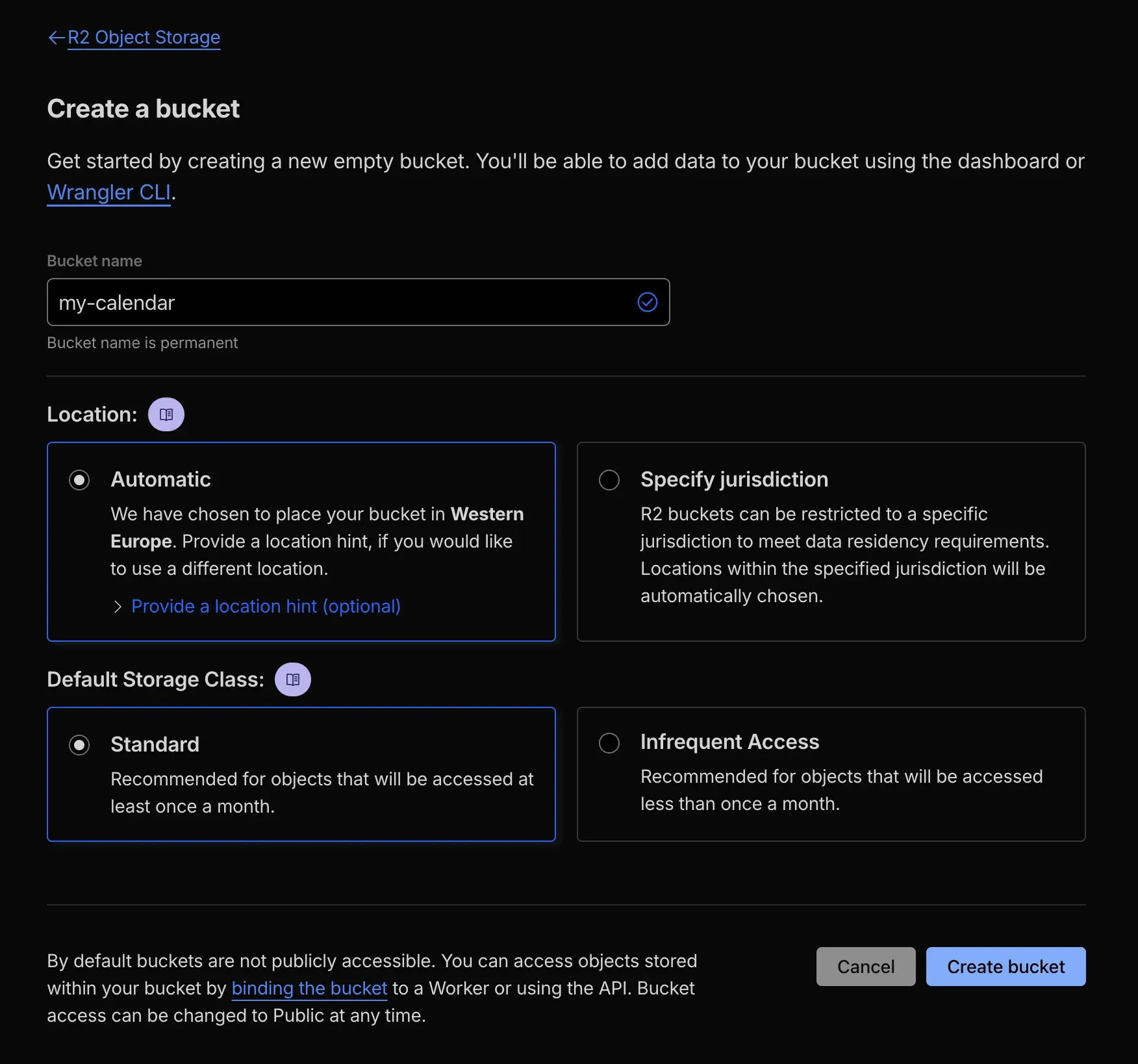 Il modulo Create a bucket di Cloudflare, con il nome del bucket compilato e le opzioni predefinite