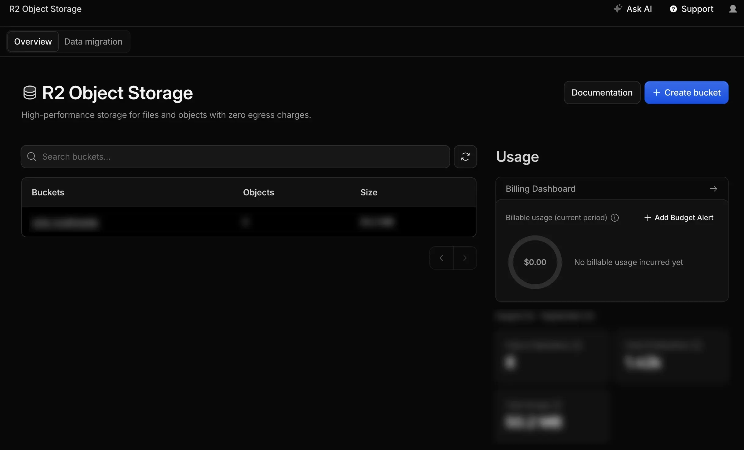 La pagina R2 Object Storage della dashboard di Cloudflare, con il pulsante Create bucket