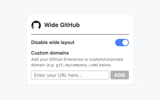 The Wide GitHub popup with the wide layout switch and the field to add a custom domain