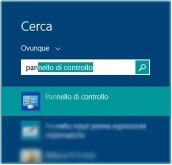 Ricerca di Windows 8.1 con il risultato Pannello di controllo evidenziato