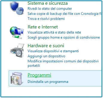 Pannello di controllo di Windows con la categoria Programmi evidenziata