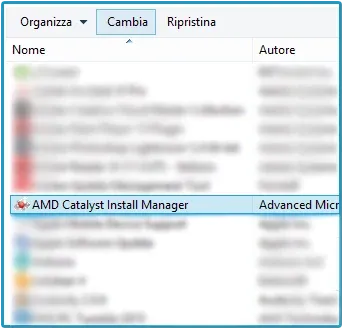 Elenco dei programmi installati con AMD Catalyst Install Manager selezionato e il pulsante Cambia